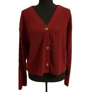 Time & Tru Sweater Womens Size Medium M Maroon Button Front Ribbed Knit Cardigan